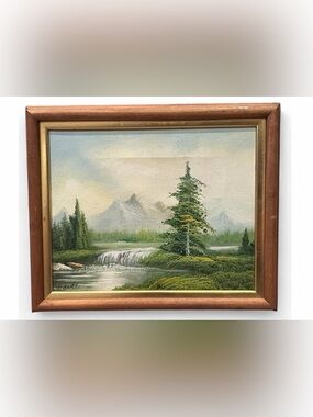 Davis Signed Vintage Mountain Waterfall Landscape Original Painting Framed Art